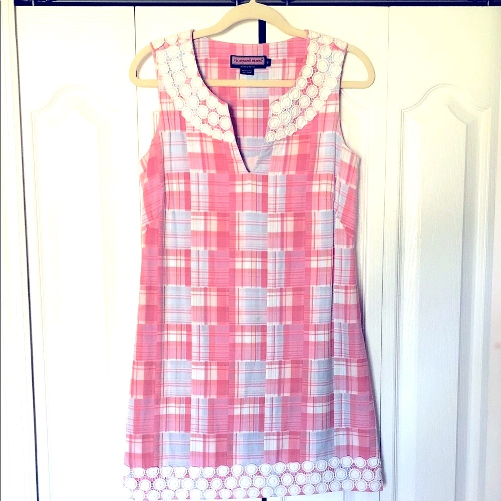 Vineyard Vines Pink Madras Sleeveless Dress with Lace Trim Size 6 Women’s